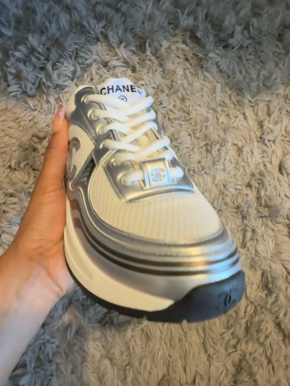 CHANEL White & Silver Platform Lace-Up Sneaker
